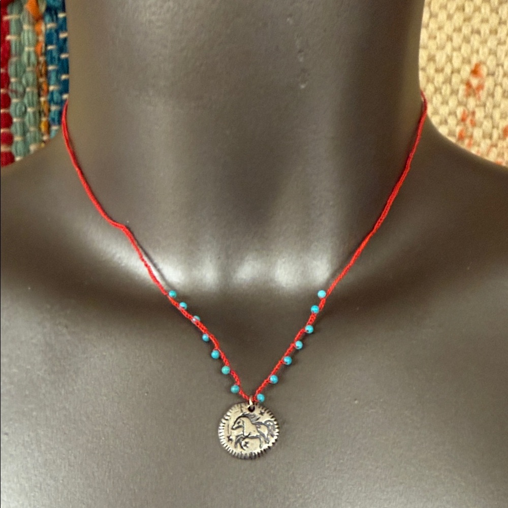 Boho Red Cord Necklace with Turquoise Beads and Sun Medallion